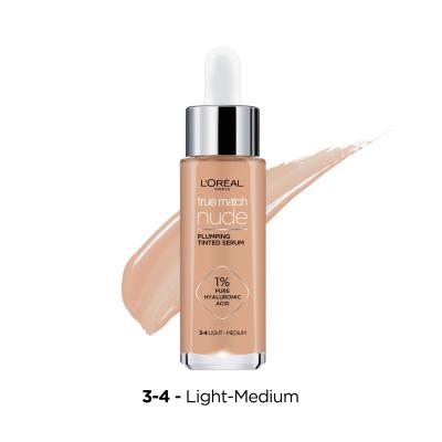 L&#039;Oréal Paris True Match Nude Plumping Tinted Serum Puder za ženske 30 ml Odtenek 3-4 Light-Medium