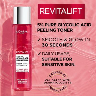 L&#039;Oréal Paris Revitalift 5% Pure Glycolic Acid Peeling Toner Losjon in sprej za obraz za ženske 180 ml