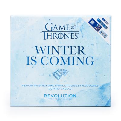 Makeup Revolution London X Game Of Thrones Darilni set paleta senčil za oči Game Of Thrones 7,2 g + fiksator za ličila Game Of Thrones 100 ml + umetne trepalnice Game Of Thrones 1 par + glos za ustnice Game Of Thrones Shimmer Bomb Lip Gloss 5 ml Winter Is Coming