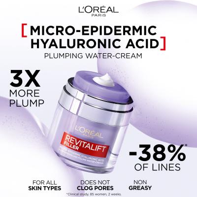 L&#039;Oréal Paris Revitalift Filler HA Plumping Water-Cream Dnevna krema za obraz za ženske 50 ml