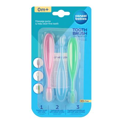 Canpol babies Baby Toothbrush Trainer Set Darilni set masažna ščetka 1 kos + gumijasta ščetka za čiščenje prvih zob 1 kos + zobna ščetka 1 kos