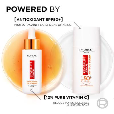 L&#039;Oréal Paris Revitalift Clinical Pure 12% Vitamin C Darilni set serum Revitalift Clinical Vitamin C Serum 30 ml + dnevna krema za obraz Revitalift Clinical Vitamin C Anti-UV Fluid SPF50 50 ml