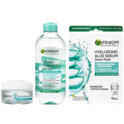 Garnier Skin Naturals Hyaluronic Aloe Darilni set dnevni gel za obraz Skin Naturals Hyaluronic Aloe Jelly Daily Moisturizing Care 50 ml + micelarna vodica Skin Naturals Micellar Hyaluronic Aloe Water 400 ml + maska za obraz Skin Naturals Hyaluronic Aloe Serum Tissue Mask 28 g