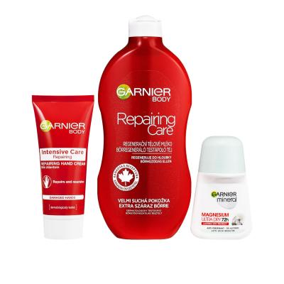 Garnier Body Repair Restoring Lotion Darilni set losjon za telo Body Repair Restoring Lotion 400 ml + krema za roke Hand Repair Intensive Restoring Hand Cream 100 ml + antiperspirant Mineral Magnesium Ultra Dry Antiperspirant Roll-On 50 ml