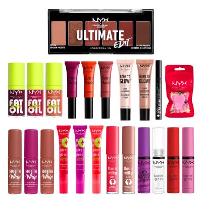 NYX Professional Makeup Fa La La L.A. Land 24 Full-Size Piece Makeup Surprise Box Darilni set glos za ustnice 9 kos + šminka 3 kos + olje za ustnice 3 kos + rdečilo 3 kos + osvetljevalec 2 kos + štampiljka za obraz in telo 1 kos + aplikator za ličenje 1 kos + paletka senčil za oči