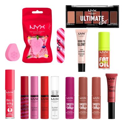 NYX Professional Makeup Fa La La L.A. Land Pull-To-Open Surprise Makeup Box Darilni set glos za ustnice 5 kos + šminka 3 kos + rdečilo 1 kos + olje za ustnice 1 kos + osvetljevalec 1 kos + paletka senčil za oči + aplikator za ličenje 1 kos + pilica za nohte 1 kos