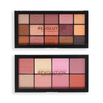 Makeup Revolution London Pink Moments Face &amp; Eye Gift Set Darilni set paletka rdečil in osvetljevalcev Blush Palette 16 g Lover + paletka senčil za oči Reloaded Eyeshadows Palette 16,5 g Romance