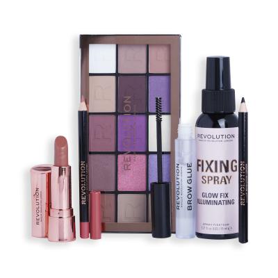 Makeup Revolution London Get The Look Smokey Icon Darilni set paletka senčil za oči Reloaded Eyeshadow Palette 16,5 g + fiksator za ličila Glow Fix Illuminating Fixing Spray 30 ml + svinčnik za oči Kohl Eyliner 1 g Black + šminka Satin Kiss Lipstick 3,5 g Chauffeur + gel na obrvi Brow Glue 3 ml + čr