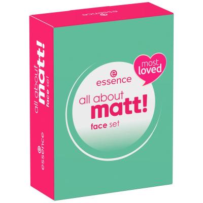 Essence All About Matt! Face Set Darilni set fiksirni kompaktni puder All About Matt! Fixing Compact Powder 8 g + fiksator za ličila Instant Matt Make-Up Setting Spray 50 ml + matirni robčki All About Matt! Oil Control Paper 50 kos