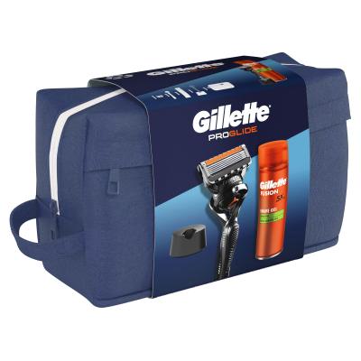 Gillette ProGlide Darilni set brivnik ProGlide 1 kos + gel za britje Fusion Shave Gel Sensitive 200 ml + držalo za brivnik + kozmetična torbica