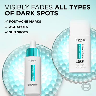 L&#039;Oréal Paris Bright Reveal Dark Spot UV Fluid SPF50+ Darilni set dnevni fluid za obraz Bright Reveal Dark Spot UV Fluid SPF50 50 ml + serum za obraz Bright Reveal Niacinamide Dark Spot Serum 30 ml