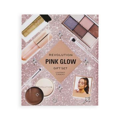 Makeup Revolution London Pink Glow Gift Set Darilni set paletka senčil za oči Mini Reloaded Palette 4,2 g + glos za ustnice Shimmer Bomb 4,5 ml Glimmer Nude + bleščice Viva Loose Body Glitter 3 g Partaay Gold + večnamenski balzam za lica, oči in ustnice Balm Glow 8,2 g Natural Nude + kozmetični čopi