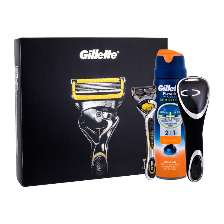 Gillette ProShield Darilni set brivnik z enim rezilom 1 ks + gel za britje Fusion Proglide Sensitive Active Sport 170 ml + ohišje za brivnik 1 ks
