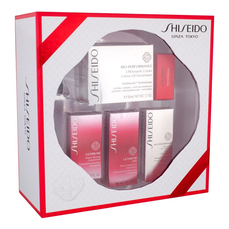 Shiseido Bio-Performance LiftDynamic Cream Darilni set denní krém 50 ml + pleťové sérum Ultimune 10 ml + péče o oční okolí Ultimune 5 ml + péče o oční okolí Lift Dynamic 5 ml + rtěnka Rouge 2,5 g RD501