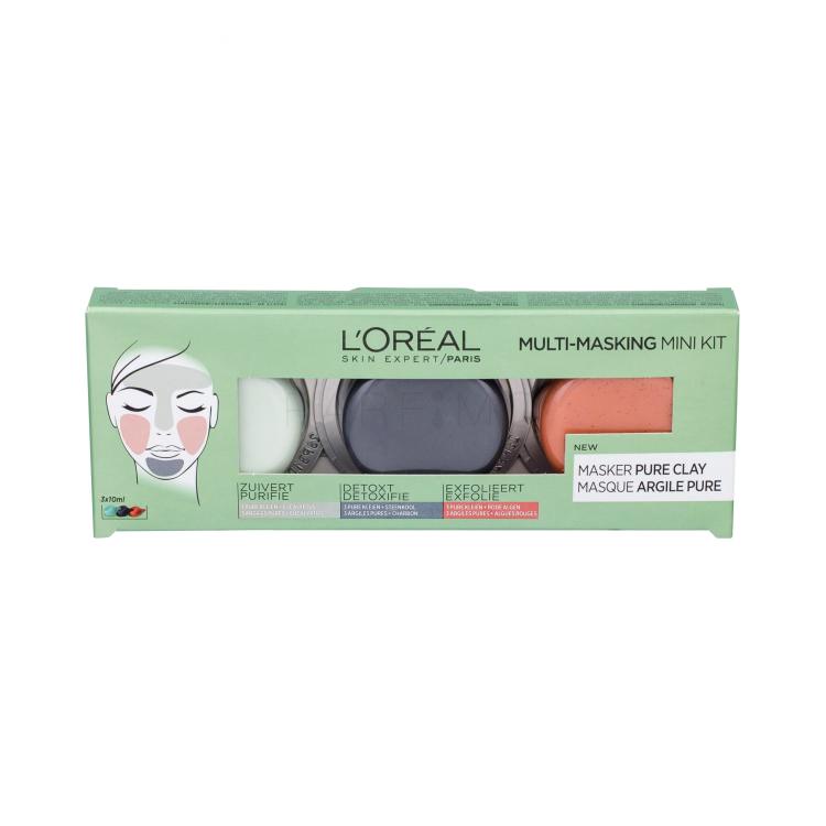 L&#039;Oréal Paris Pure Clay Multi-Masking Darilni set čistilna maska za obraz 10 ml + intenzivna detox maska za obraz 10 ml + piling maska za obraz 10 ml