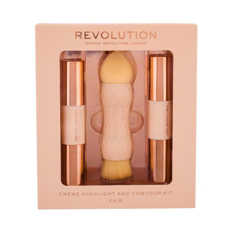 Makeup Revolution London Crème Highlight And Contour Kit Darilni set konturing stik 3,5 g + osvetljevalec 3,5 g + 2v1 gobica in čopič 1 kos