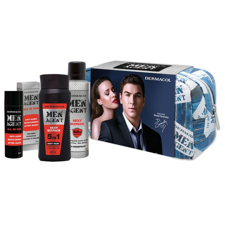 Dermacol Men Agent Sexy Sixpack 5in1 Darilni set gel za prhanje 5v1 250 ml + krema All In One 50 ml + antiperspirant 150 ml + kozmetična torbica