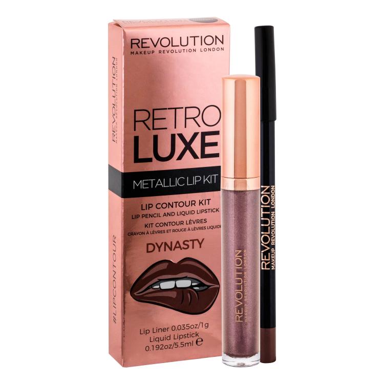 Makeup Revolution London Retro Luxe Metallic Lip Kit Darilni set tekoča šminka 5,5 ml + svinčnik za ustnice 1 g