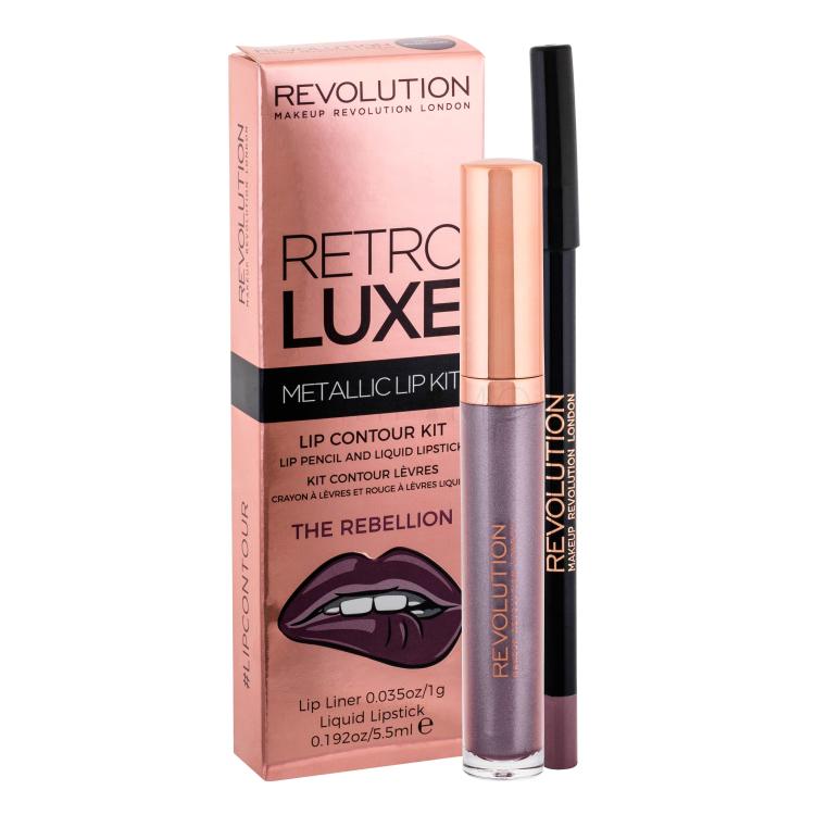 Makeup Revolution London Retro Luxe Metallic Lip Kit Darilni set tekoča šminka 5,5 ml + svinčnik za ustnice 1 g