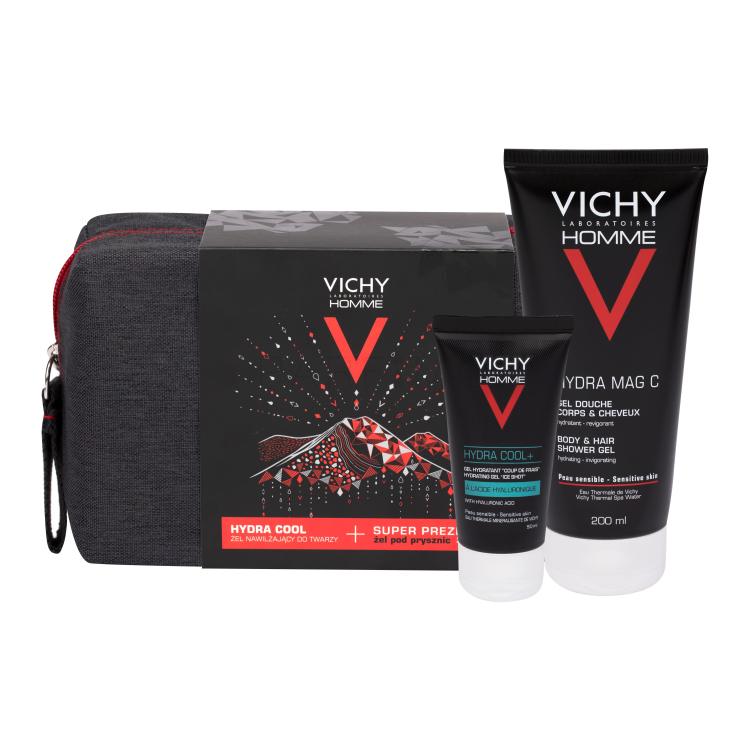 Vichy Homme Hydra Cool+ Darilni set vlažilni gel 50 ml + gel za prhanje Hydra Mag C 200 ml + kozmetična torbica
