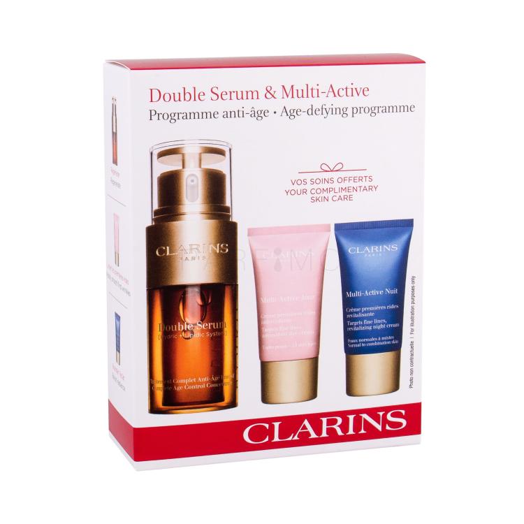 Clarins Double Serum Darilni set serum za obraz 30 ml + dnevna krema za obraz Multi-Active 15 ml + nočna krema za obraz Multi-Active 15 ml