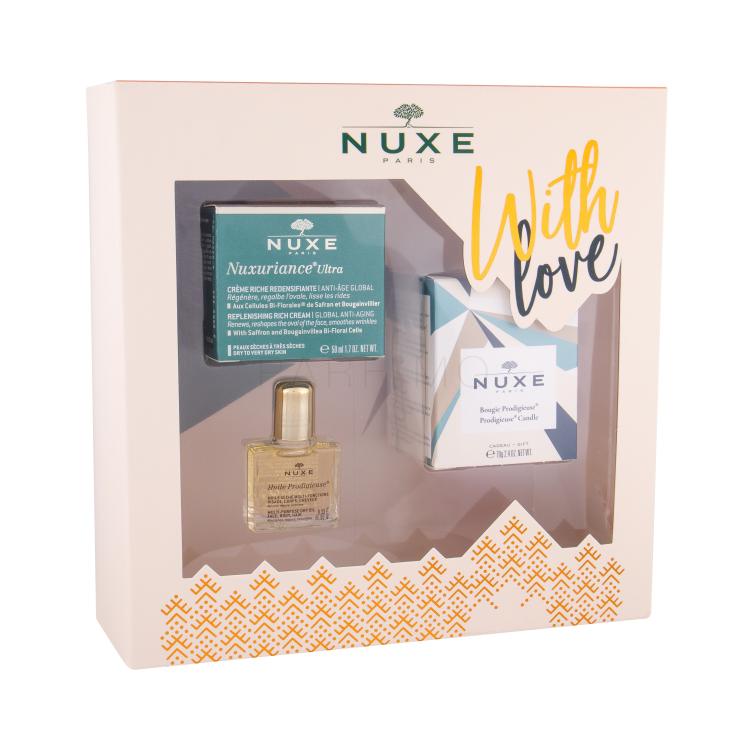 NUXE Nuxuriance Ultra Replenishing Rich Cream Darilni set dnevna krema za obraz 50 ml + suho olje Huile Prodigieuse Or Multi Purpose Dry Oil 10 ml + dišeča svečka 70 g