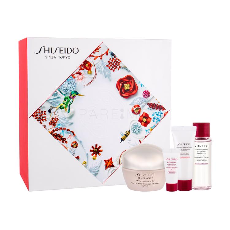Shiseido Benefiance Wrinkle Resist 24 Day Cream SPF15 Darilni set dnevna krema SPF15 50 ml + serum za obraz ULTIMUNE 5 ml + čistilna pena Clarifying Cleansing Foam 15 ml + vodica za obraz Treatment Softener 30 ml