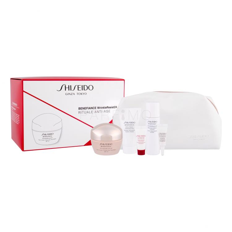 Shiseido Benefiance Wrinkle Resist 24 Day Cream SPF15 Darilni set dnevna krema SPF15 50 ml + krema za področje okoli oči 3 ml + čistilna vodica 30 ml + čistilna pena 30 ml + serum za obraz Ultimune 5 ml + kozmetična torbica