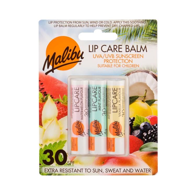 Malibu Lip Care SPF30 Darilni set balzam za ustnice 4 g Watermelon + balzam za ustnice 4 g Mint + balzam za ustnice 4 g Vanilla