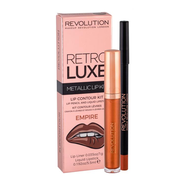 Makeup Revolution London Retro Luxe Metallic Lip Kit Darilni set tekoča šminka 5,5 ml + konturing svinčnik za ustnice 1 g