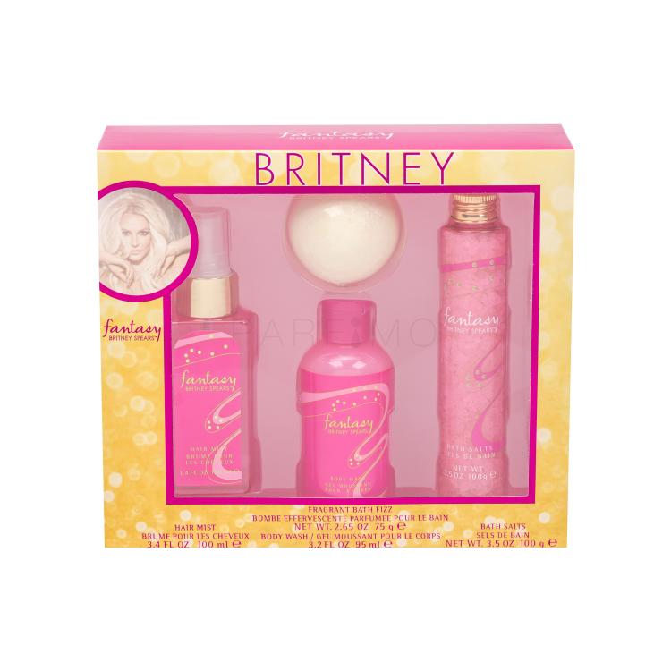 Britney Spears Fantasy Darilni set sprej za lase 100 ml + peneča kroglica za kopel 75 g + gel za prhanje 95 ml + sol za kopel 100 g
