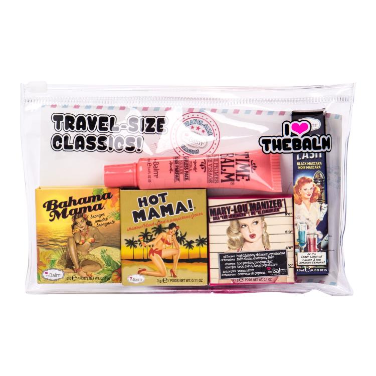 TheBalm Mary-Lou Manizer Travel Kit Darilni set osvetljevalec 2,7 g + bronzer Bahama Mama 3 g + rdečilo Hot Mama! 3 g + maskara za trepalnice Mad Lash 4,5 ml Black + osnova za ličila 12 ml + kozmetična torbica