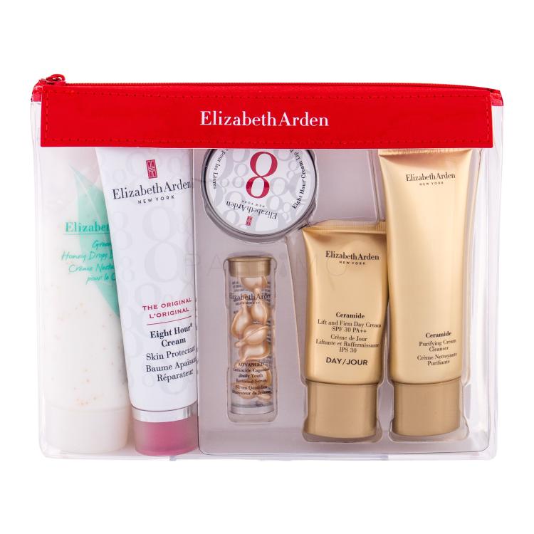 Elizabeth Arden Eight Hour Cream Skin Protectant Travel Essentials Kit Darilni set balzam za telo 50 ml + serum za obraz 3,2 ml + balzam za ustnice 13 ml + dnevna krema 15 ml + čistilna krema 50 ml + krema za telo 100 ml + kozmetična torbica