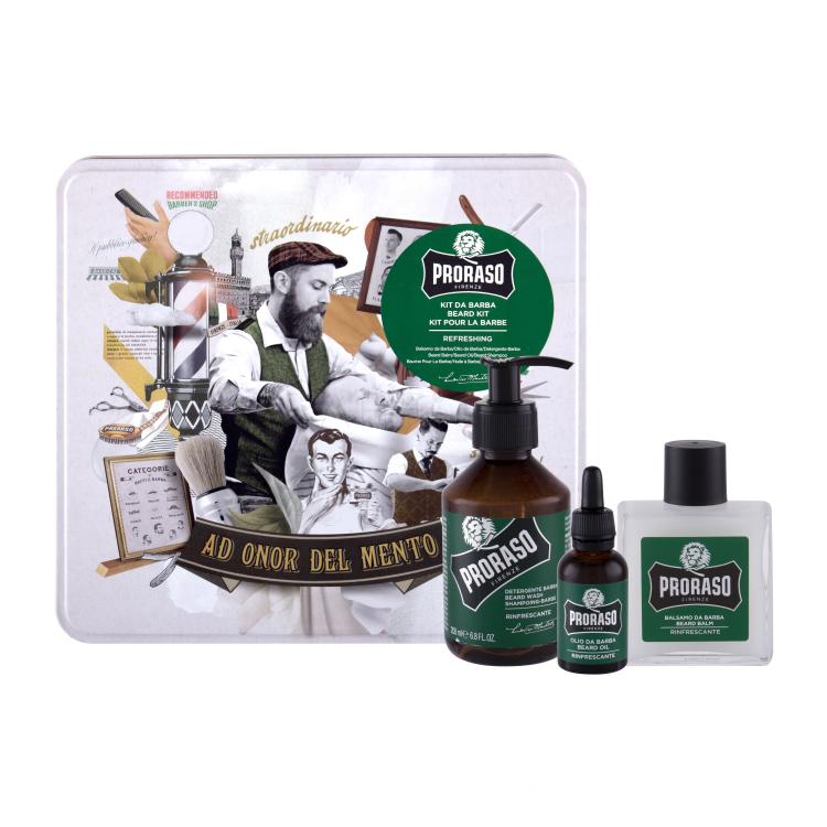 PRORASO Eucalyptus Beard Wash Darilni set šampon za brado 200 ml + balzam za brado 100 ml + olje za brado 30 ml + škatlica