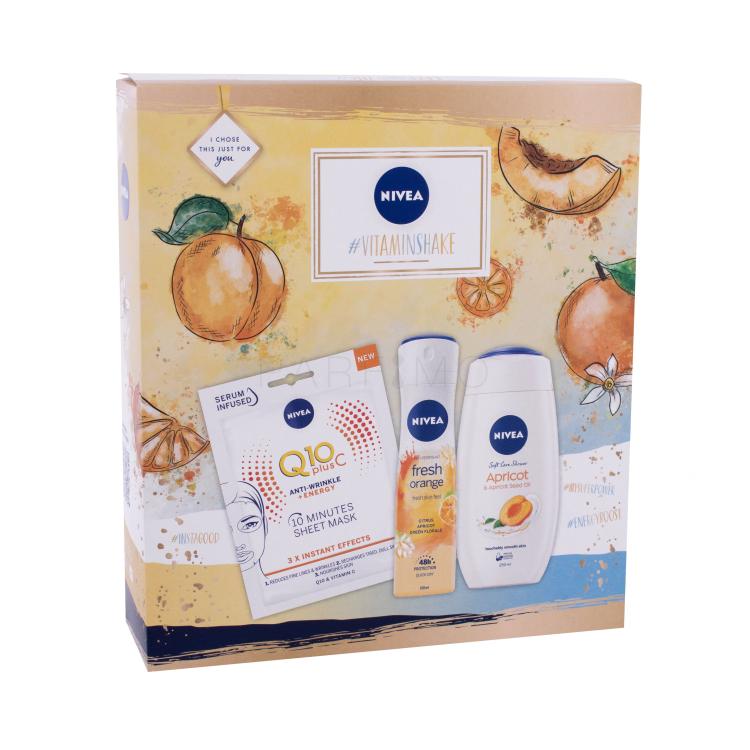 Nivea #Vitaminshake Darilni set gel za prhanje Care &amp; Apricot 250 ml + antiperspirant Fresh Orange 150 ml + maska za obraz Q10 Plus C 1 ks