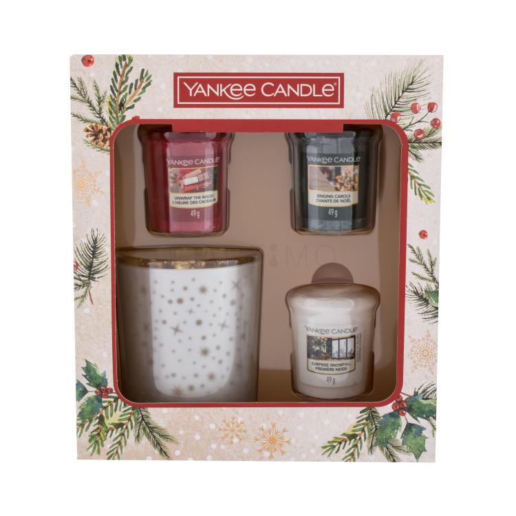 Yankee Candle Magical Christmas Morning Darilni set dišeča svečka Unwrap The Magic 49 g + dišeča svečka Singing Carols 49 g + dišeča svečka Surprise Snowfall 49 g + svečnik