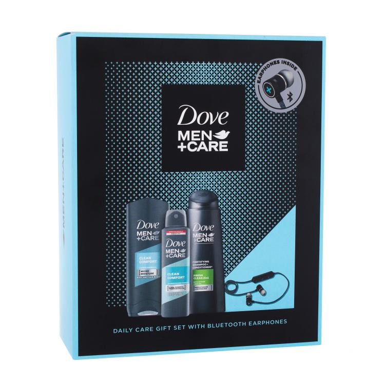 Dove Men + Care Daily Care Darilni set gel za prhanje Men + Care Clean Comfort 250 ml + šampon 2in1 Men + Care Fresh &amp; Clean 250 ml + antiperspirant 150 ml + slušalke