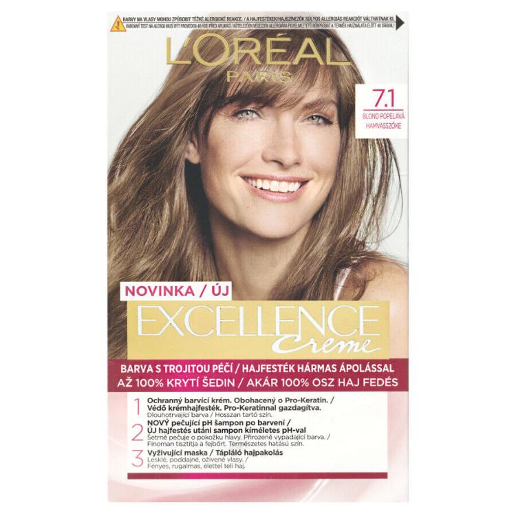 L&#039;Oréal Paris Excellence Creme Triple Protection Barva za lase za ženske 48 ml Odtenek 7,1 Natural Ash Blonde