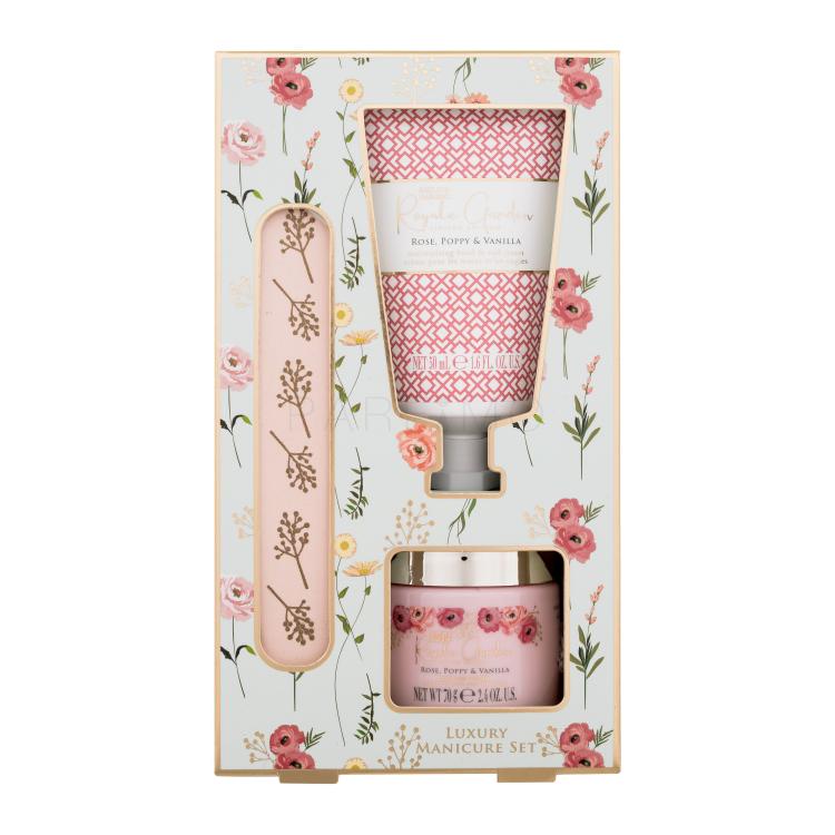 Baylis &amp; Harding Royale Garden Luxury Manicure Set Darilni set krema za roke Royale Garden Rose, Poppy &amp; Vanilla 50 ml + mineralna sol Royale Garden Rose, Poppy &amp; Vanilla 70 g + pilica za nohte