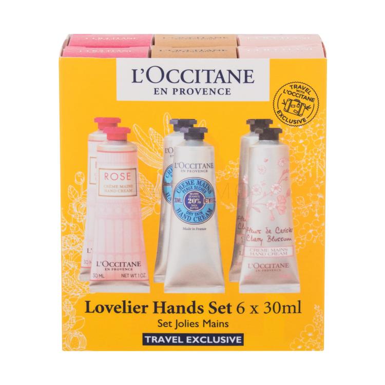 L&#039;Occitane Lovelier Hands Darilni set krema za roke Rose Hand Cream 2 x 30 ml + krema za roke Shea Dry Skin Hand Cream 2 x 30 ml + krema za roke Cherry Blossom Hand Cream 2 x 30 ml