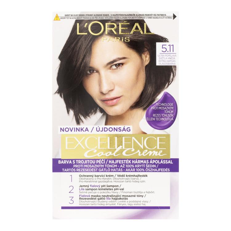 L&#039;Oréal Paris Excellence Cool Creme Barva za lase za ženske 48 ml Odtenek 5,11 Ultra Ash Light Brown