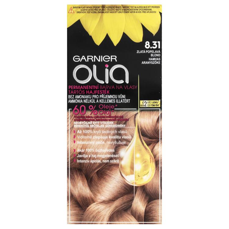 Garnier Olia Permanent Hair Color Barva za lase za ženske 50 g Odtenek 8,31 Golden Ashy Blonde