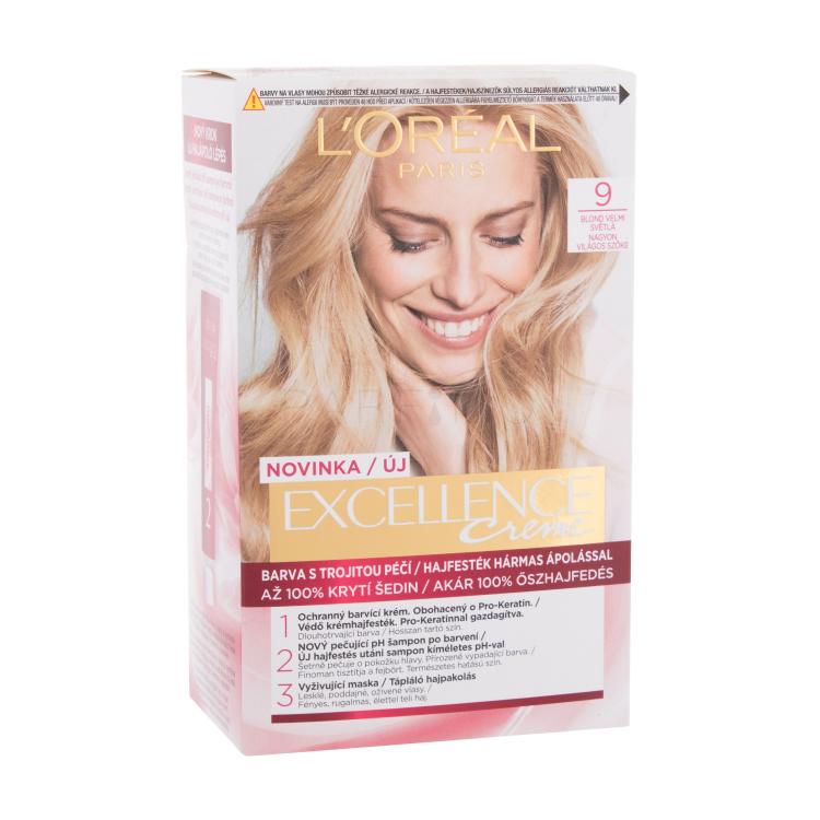 L&#039;Oréal Paris Excellence Creme Triple Protection Barva za lase za ženske 48 ml Odtenek 9 Natural Light Blonde poškodovana škatla