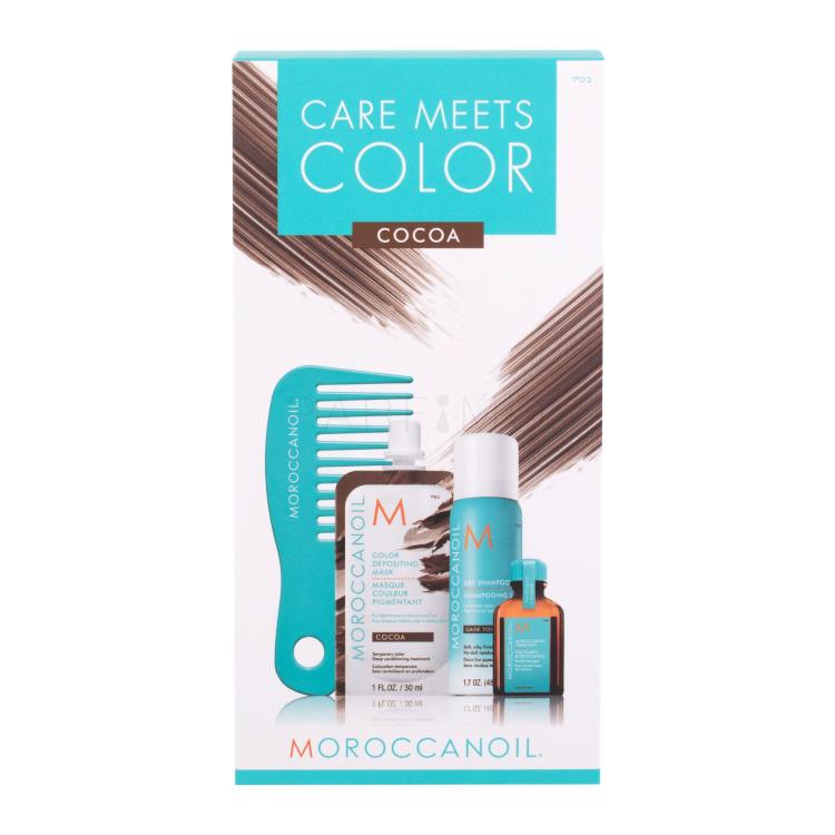 Moroccanoil Care Meets Color Darilni set barvna maska za lase Color Depositing Mask 30 ml + suhi šampon Dry Shampoo Dark Tones 65 ml + olje za lase Treatment Oil 15 ml + glavnik