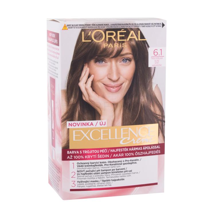 L&#039;Oréal Paris Excellence Creme Triple Protection Barva za lase za ženske 48 ml Odtenek 6,1 Natural Dark Ash Blonde poškodovana škatla