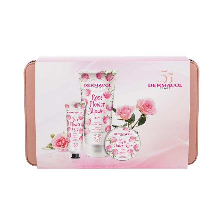 Dermacol Rose Flower Darilni set gel za prhanje 200 ml + krema za roke 30 ml  + maslo za telo 75 ml + darilna škatla