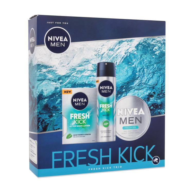 Nivea Men Fresh Kick Trio Darilni set vodica po britju Men Fresh Kick 100 ml + antiperspirant Men Fresh Kick 150 ml + gel za obraz, telo in roke Men Fresh Gel 150 ml