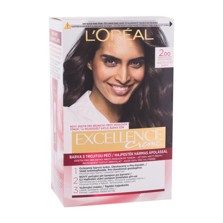 L&#039;Oréal Paris Excellence Creme Triple Protection Barva za lase za ženske 48 ml Odtenek 200 Black-Brown poškodovana škatla
