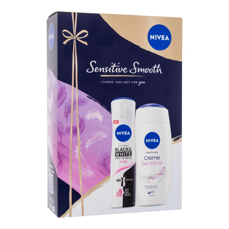 Nivea Sensitive Smooth Darilni set gel za prhanje Creme Sensitive 250 ml + antiperspirant Black &amp; White Invisible Clear 150 ml