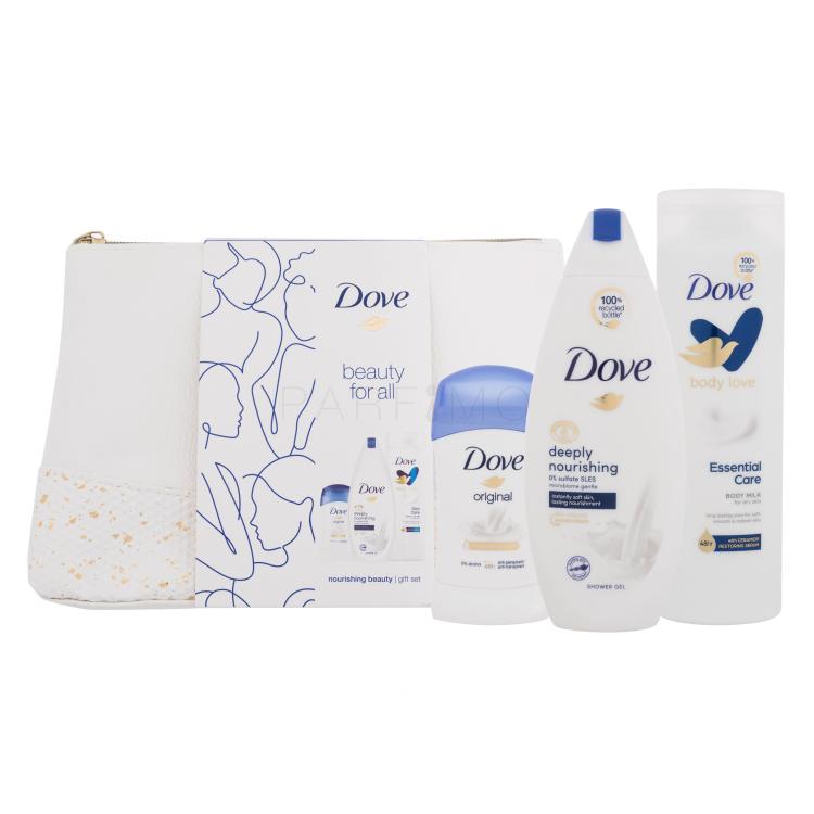 Dove Beauty For All Nourishing Beauty Darilni set gel za prhanje 250 ml + mleko za telo 250 ml + antiperspirant 40 ml + kozmetična torbica